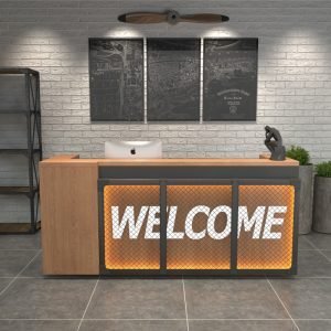 Retro industrial style cashier clothing shop iron bar company front desk Reception counter