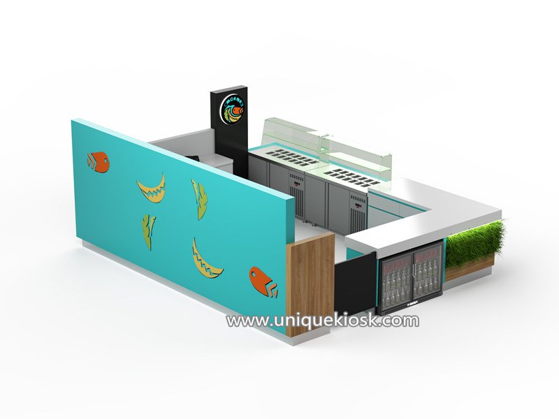 Food Counter Building 5m By 3m Blue and Wooden Food Booth Sushi Kiosk Design to the UK